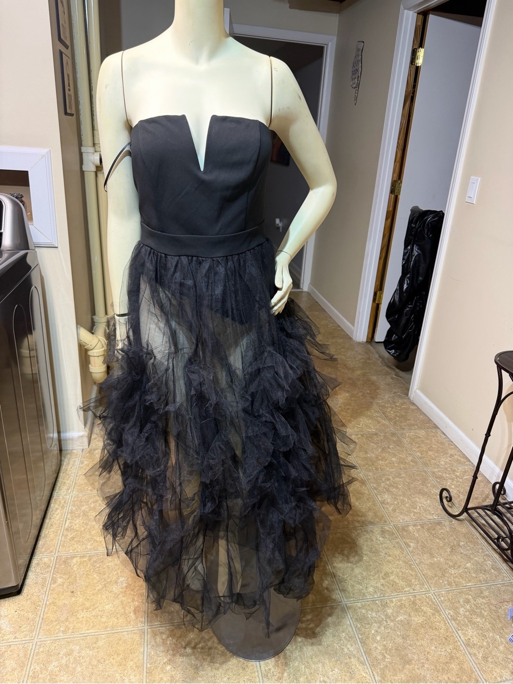 Elegant Black Strapless Tulle Gown with attached bodysuit underneath